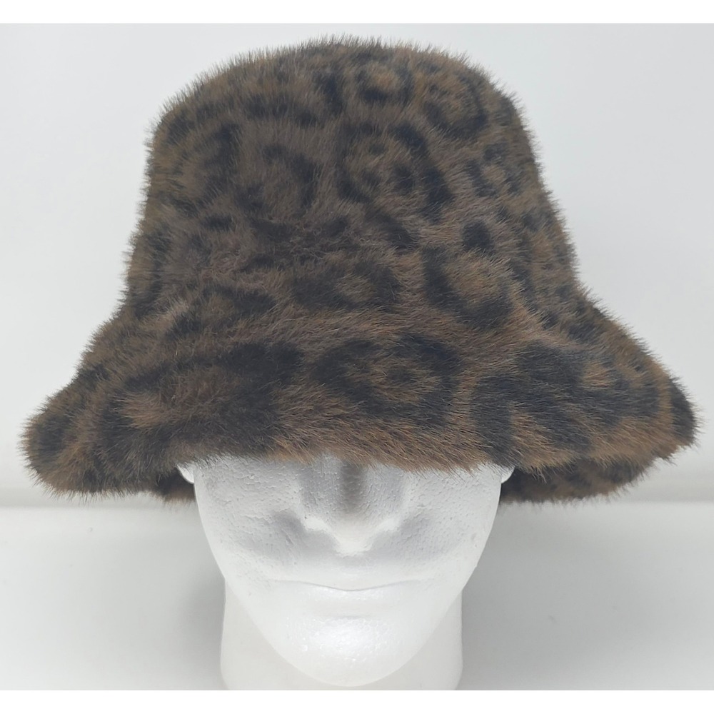Natasha Faux Fur Bucket Hat Leopard Brown Black Plush OS with drawstring